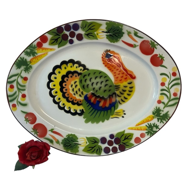 VTG 60/70’s Bright Colored Enamelware Metal Thanksgiving Turkey Serving Platter - Picture 1 of 11